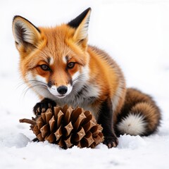 Obraz premium Curious red fox examining pinecone in snow
