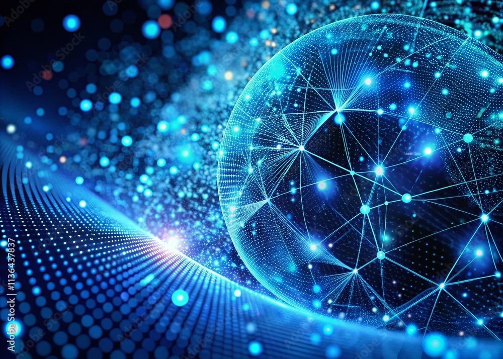 Poster big data visualization: abstract blue particle background, high-tech design, intricate patterns, dat