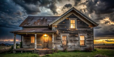 Rustic Farmhouse Illuminated at Dusk Under a Dramatic Sky