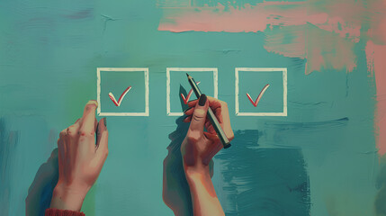 hand with pale skin and dark nails is drawing checkmarks in the boxes of an artisanal painting, as if checking off items on a list. 