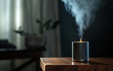 A premium product showcased on a polished wooden table, with delicate smoke drifting across a dark background