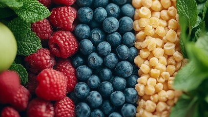 Fresh berries and fruits arranged in colorful pattern on display