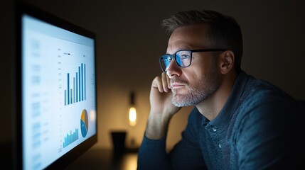 Young businessman analyzing financial data on a computer at home for strategic growth and planning