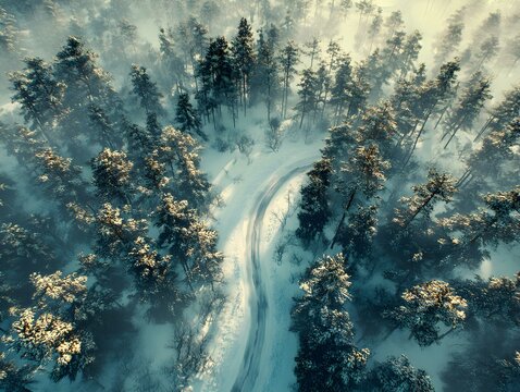 Aerial view of snowy forest with a road. 