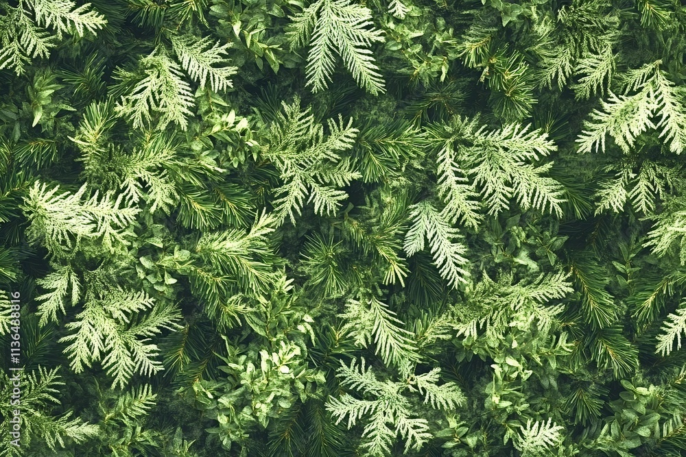 Poster Close-up view of overlapping evergreen branches, creating a rich and textured backdrop perfect for holiday and nature-themed projects, evoking a festive winter atmosphere
