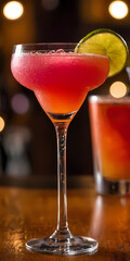 Pink Cocktail with Lime: A refreshing pink cocktail, garnished with a lime wedge, sits temptingly on a bar counter, the perfect drink for a night out. The warm.