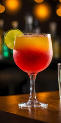 Sunset Cocktail: A vibrant sunset cocktail garnished with a lime wedge in a stemmed glass, ready to be enjoyed on a warm summer evening.  