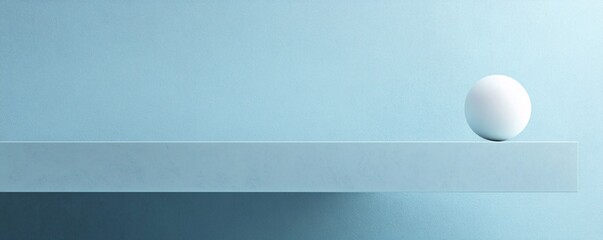 White sphere balancing on a light blue shelf against a pastel blue wall