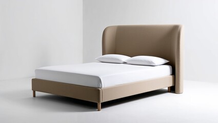  modern, minimalist bed with a high, curved headboard and a low footboard, both upholstered in a light beige fabric