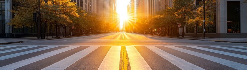 Modern urban architecture and intricate crosswalk design on a bustling city street.