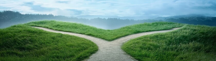 Two diverging paths leading to the distant horizon under a vast and open sky 