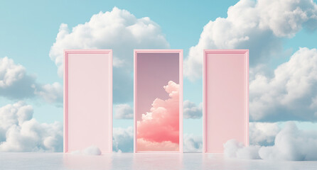 Three vertical photo frames standing on the floor, each frame has blank space for text or images. The background is a soft pastel blue sky with white clouds