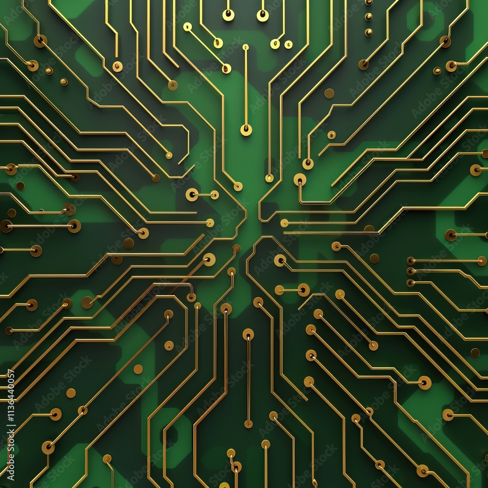 Aufkleber close-up of intricate circuitry design with golden lines on a vibrant green background, showcasing t