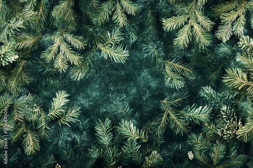 Poster christmas fir tree branches adorned with small pine cones create a natural frame against a dark gree