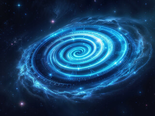 Glowing spiral clock swirls within a starry cosmic nebula backdrop