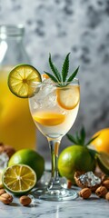 Refreshing citrus cocktail garnished with mint leaves and served with fresh limes and lemons on a marble countertop