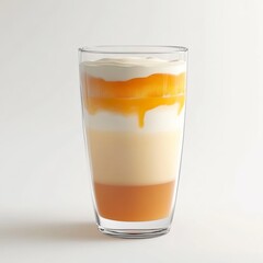 3D rendering of a single glass of Thai milk tea with layers of orange and cream in a transparent cup on a white background isolated with minimal design