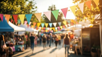 Obraz premium Summer outdoor festival with colorful bunting flags attracts crowds of people to have fun