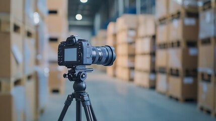 A professional video camera on a tripod positioned in front of a warehouse, with stacks of blurred boxes creating an industrial vibe.