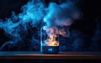 Product on a wooden table with dramatic smoke swirling around, illuminated by soft ambient lighting, against a dark background