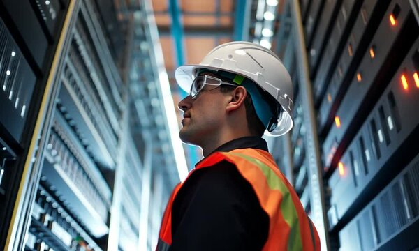 A technician inspects server racks in a data center, ensuring optimal performance and safety.