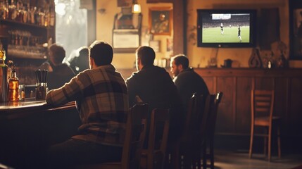 Fans in a pub watch a match on TV while sitting at the bar and drinking beer