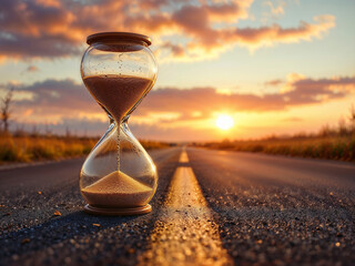 Hourglass sand flowing on a road at sunset representing time passing