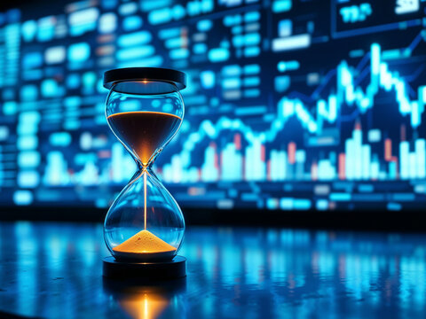 Hourglass shows sand falling against a stock market data background