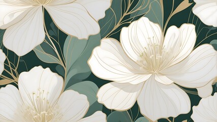 A minimalist line art wall mural featuring large,white flowers with long stems and delicate petals.The background is a soft, neutral color with abstract shapes in green and gold