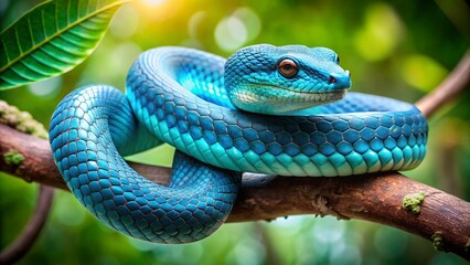 Fototapeta premium Blue Viper Snake on Branch, Bokeh Photography, Wildlife, Reptile, Nature, Closeup