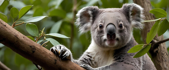 Obraz premium Koala on Eucalyptus Branch: An adorable koala bear clings to a eucalyptus branch, its expressive face peering directly at the camera. The lush green foliage provides a vibrant backdrop. 