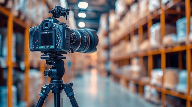Professional video camera mounted on a tripod, set in a warehouse with a blurred background of stacked shelves, captured in high resolution