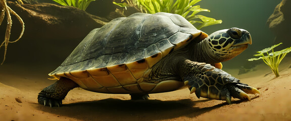 Fototapeta premium Shepherd Guiding his Flock: A lone shepherd, wearing a traditional hat and vest, leads a large flock of sheep across a rolling green hillside.