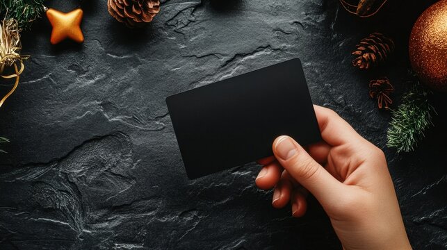 A hand holds a sleek black gift card with a minimalist, luxurious feel. Perfect for versatile gifting, the card adds an air of elegance, suitable for any occasion from birthdays to holiday celebration