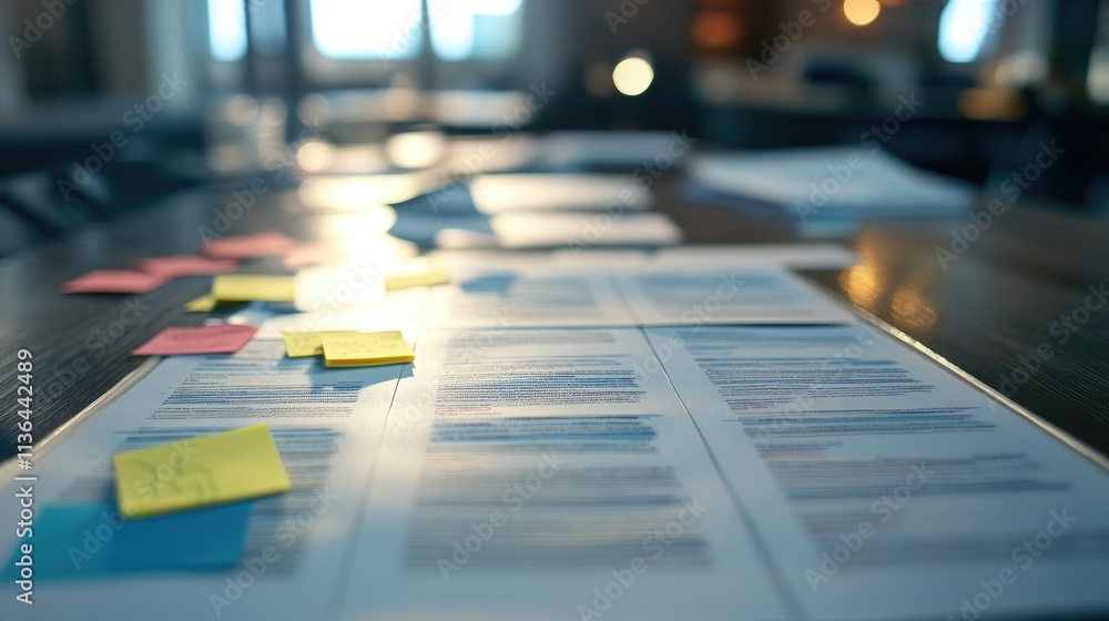 Aufkleber documents and notes on desk with post-it notes and natural light