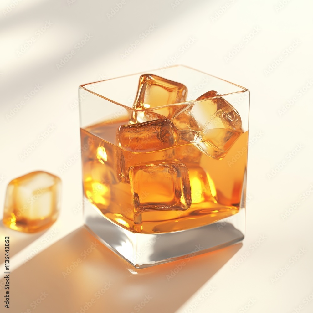 Poster close-up 3d rendering of thai tea ice cubes in a square glass with soft light on a plain white surfa