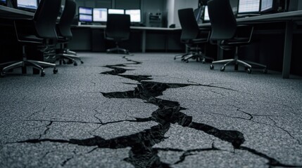 An office with cracked flooring, suggesting damage, possibly from an earthquake or structural failure, surrounded by empty chairs and computer monitors.