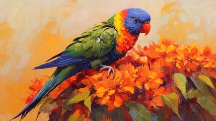 Obraz premium Vibrant Parrot Sitting on Colorful Flowers in Natural Habitat