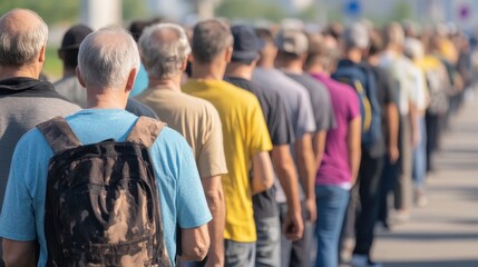 Crowd of waiting people forms a queue standing on the sidewalk on a sunny summer day