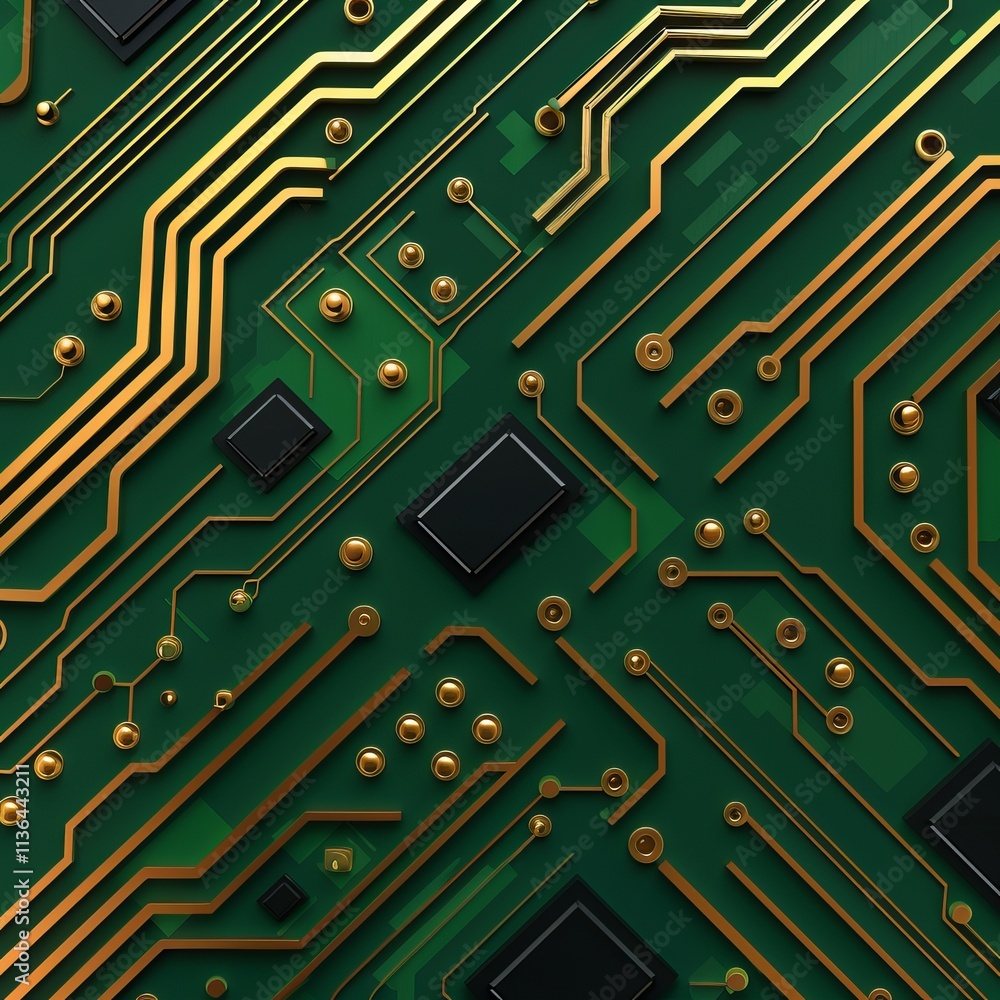Aufkleber a close-up of a green circuit board featuring intricate golden pathways and black components, showca