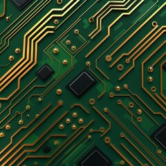 A close-up of a green circuit board featuring intricate golden pathways and black components, showcasing modern technology and design. circuitboard pattern design background