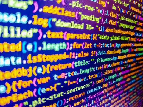Software development pattern. Programming concept. Developer work. Blue banner with php language code on development monitor. Abstract computer script code. Airport display panel. Binary code.