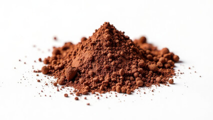 Cocoa powder pile on white background highlighting texture and rich brown color