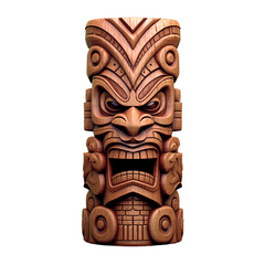 Tiki mask isolated on a transparent background. Colorful wooden tiki statue. Wooden tiki totem. Wooden totem pole. Wooden carved totem. Tribal mask. Tribal totem.