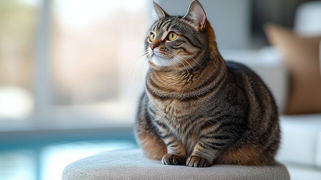 tabby American Shorthair cat with striking yellow eyes sits gracefully on modern upholstered stool in bright, cozy living room