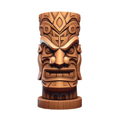 Tiki mask isolated on a transparent background. Colorful wooden tiki statue. Wooden tiki totem. Wooden totem pole. Wooden carved totem. Tribal mask. Tribal totem.