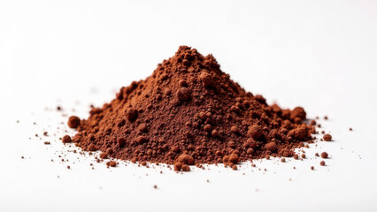 Rich brown cocoa powder pile on white background