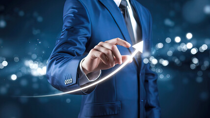 hand of businessman interacting with digital interface. ascending graph indicates significant and substantial growth or progress in business	
