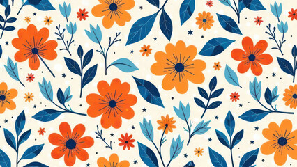 Vibrant floral pattern with orange and blue flowers on cream background