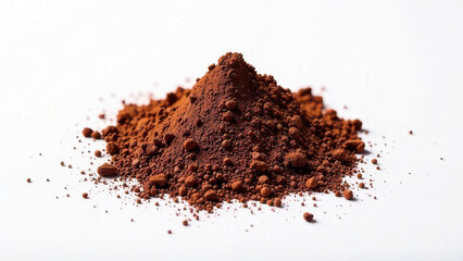Pile of rich brown cocoa powder on white background